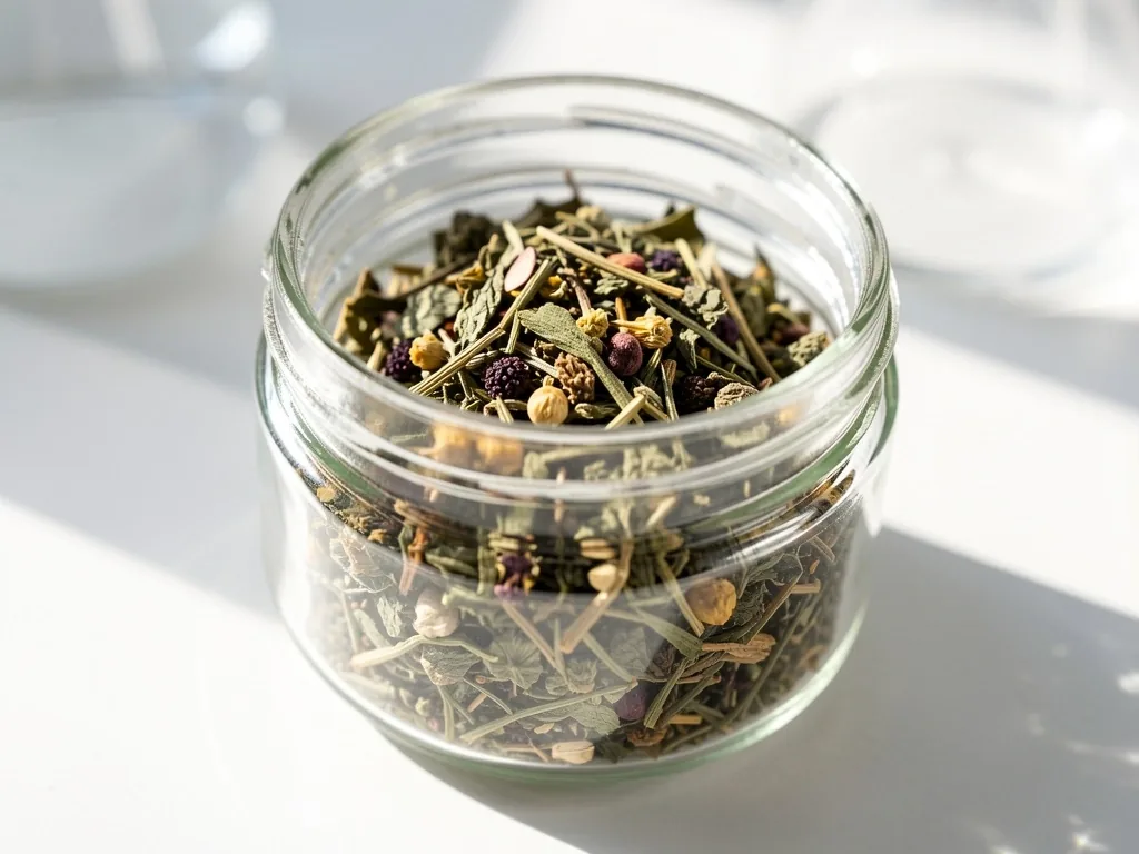 Barattolo di vetro con miscela di tè botanico