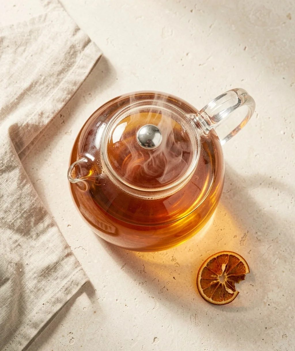 Teiera in vetro con tè Good Fit infuso su superficie chiara