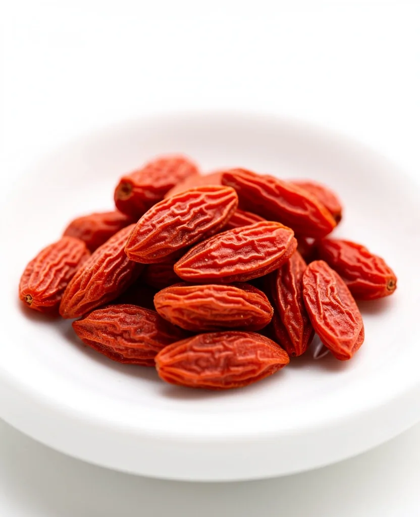 Bacche di goji essiccate su piatto ceramico bianco