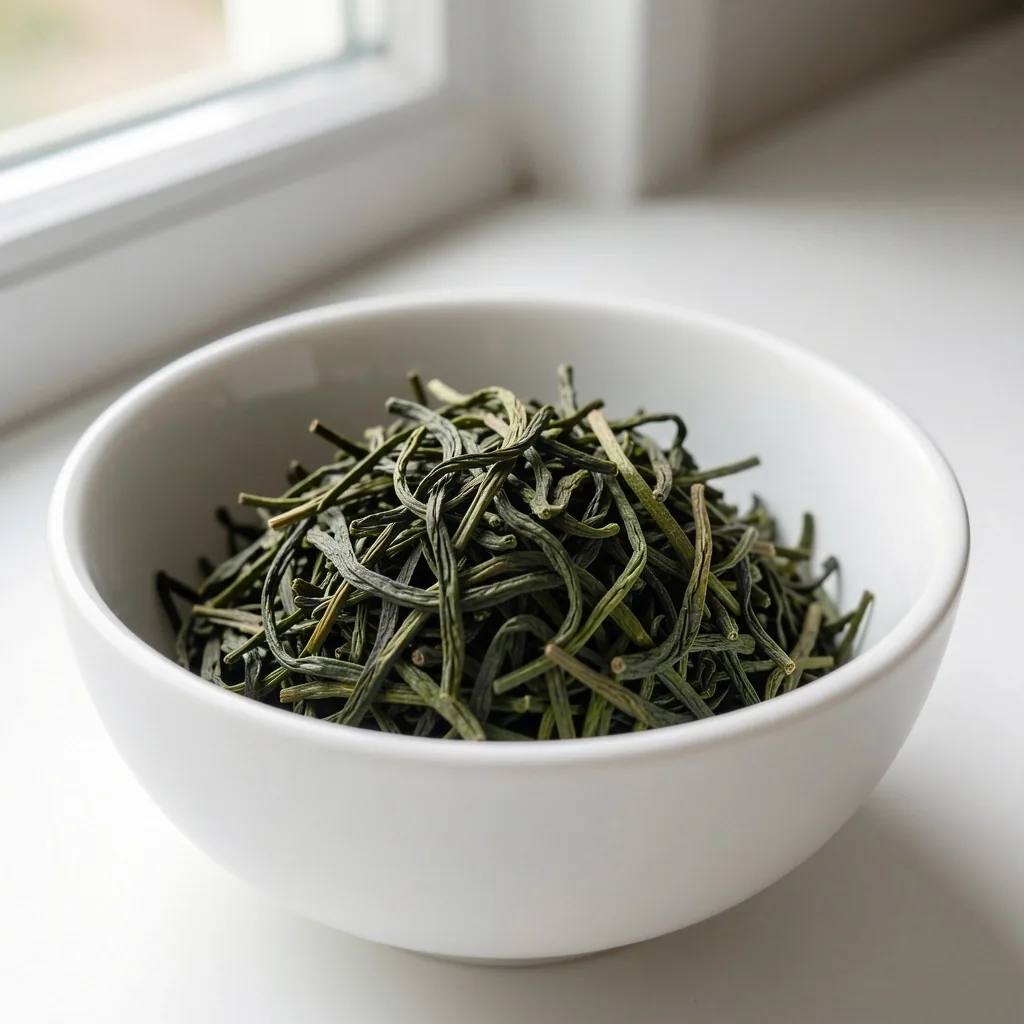 Foglie di tè verde selezionate su sfondo bianco