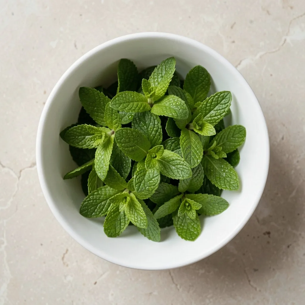 Foglie di menta piperita fresca su piatto di porcellana bianco