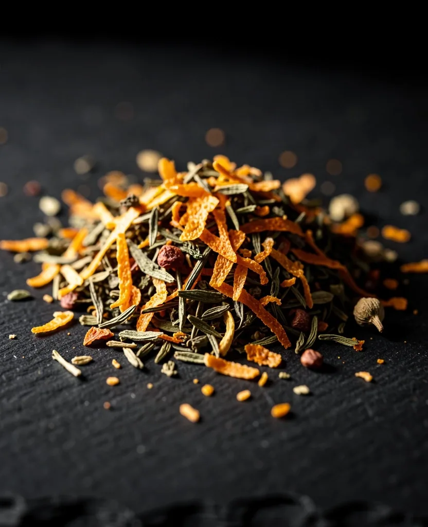 Dettaglio di scorze di agrumi e erbe botaniche su superficie scura
