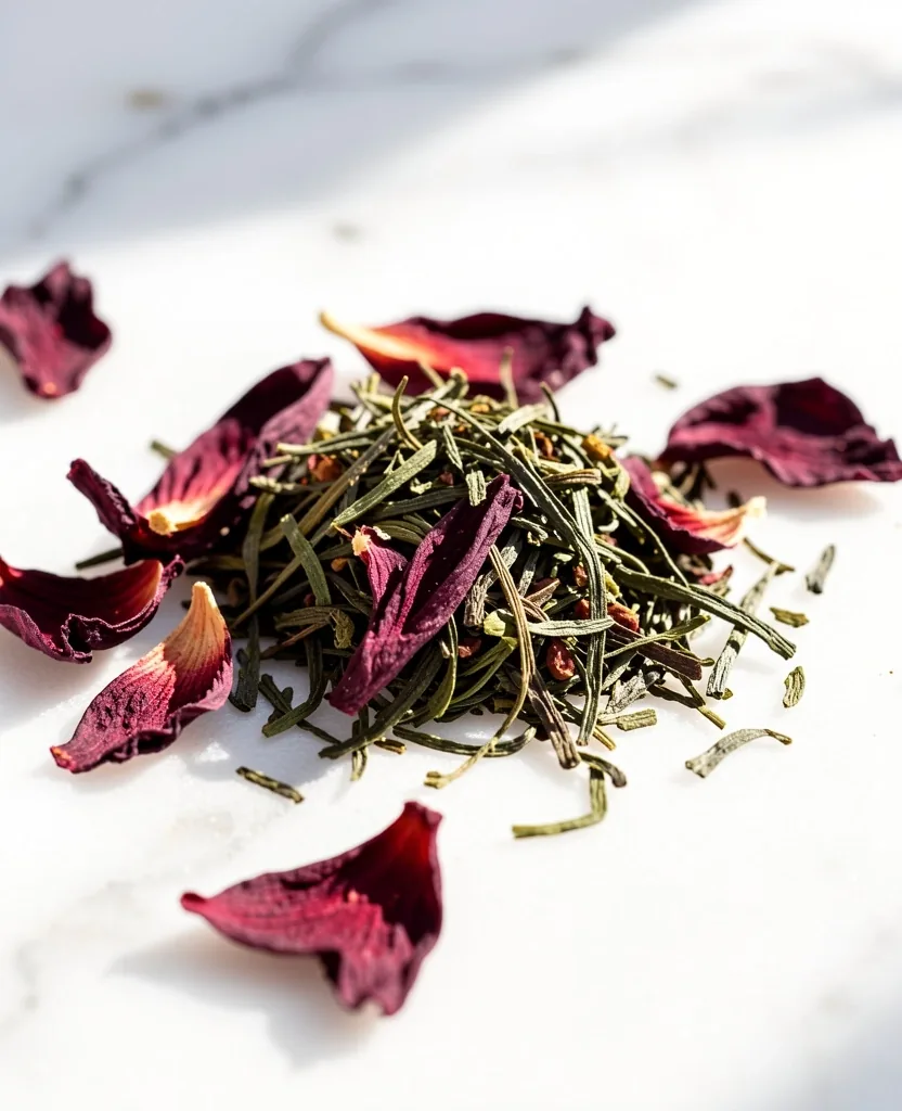Ingredienti del tè cheto Good Fit su superficie chiara